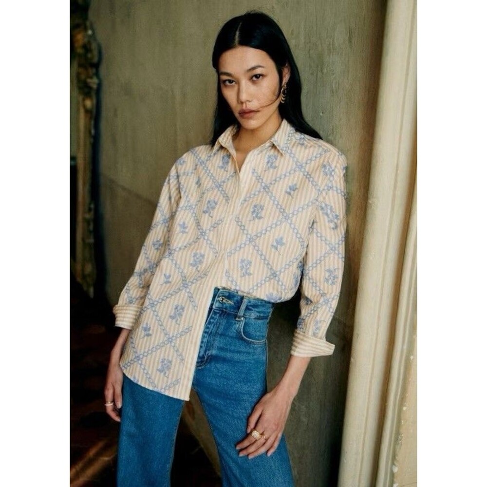 Sezane X Luria Vergara Maxy Shirt Women’s 44 Crosshatch Blue Luxury Button Down
